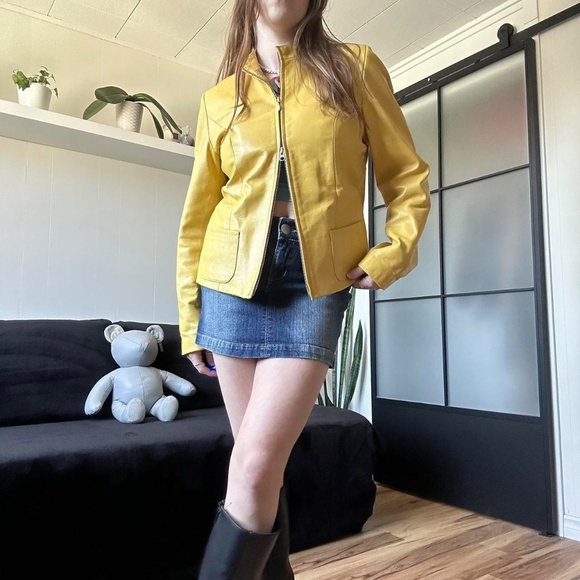 Vtg 1990s Rare Yellow Genuine Leather Double Zip Jacket - Crop Fit - Picture 6 of 8